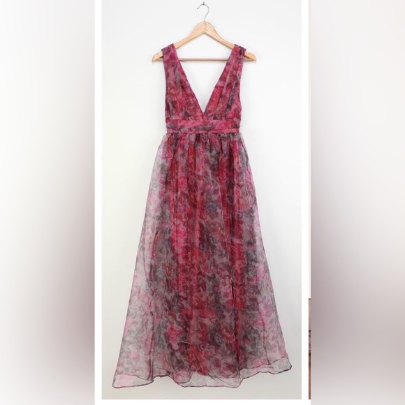 Lulus Garden Romance Magenta Floral Organza Gown Medium - Picture 6 of 8